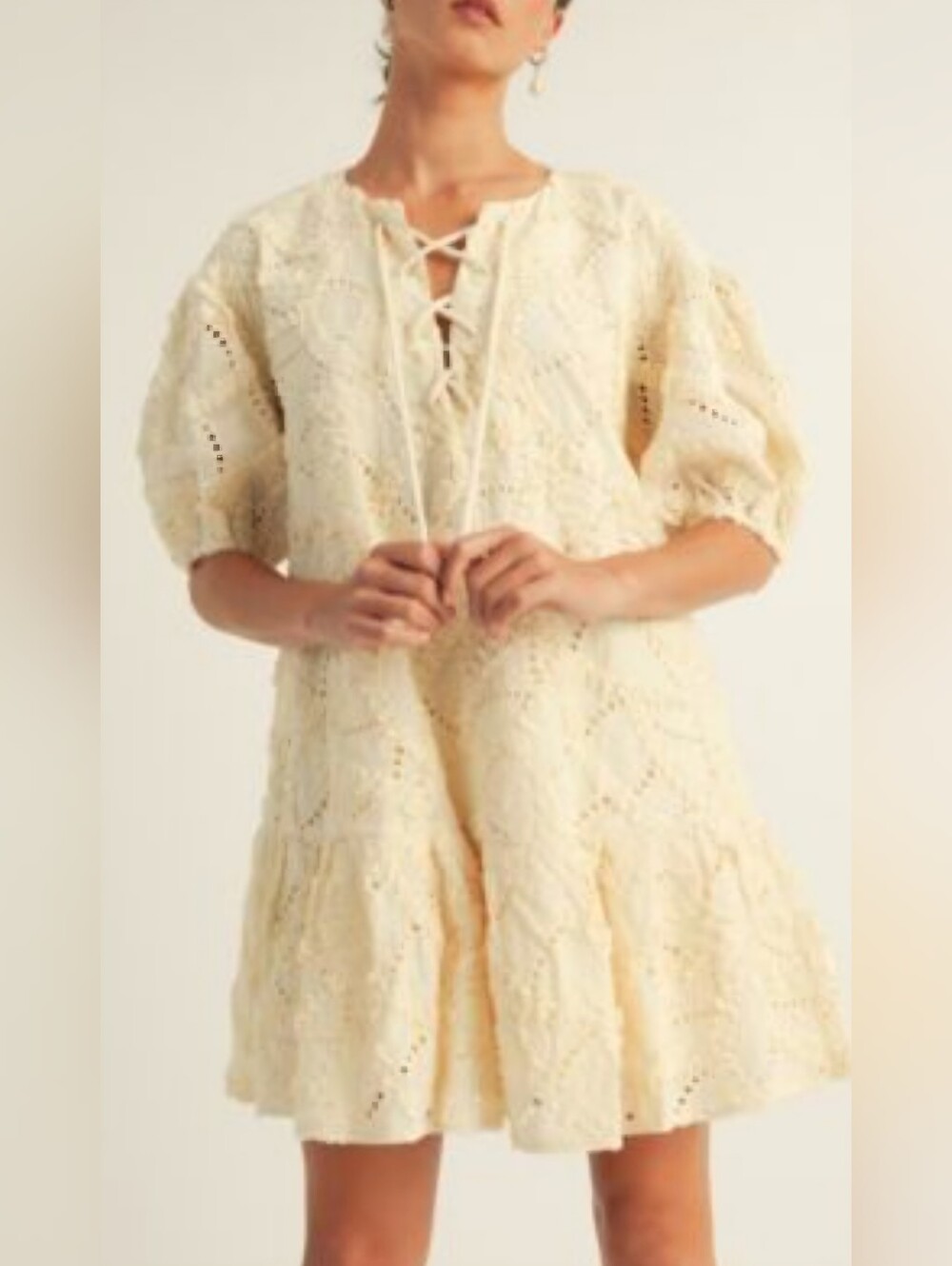 NWT AROSE STUDIO Maia Cotton Eyelet Lace Mini Dress Large Ivory Boho Cottagecore - Picture 1 of 11